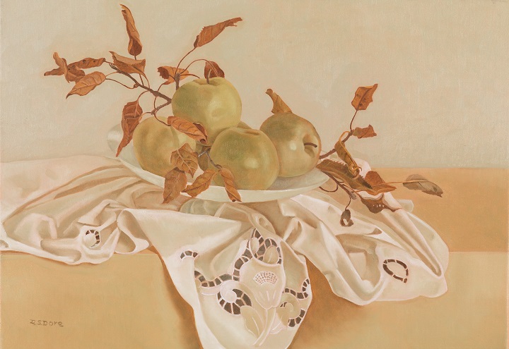 106 Piatto con mele su panno ricamato 2014 olio su tela cm 40x30 1