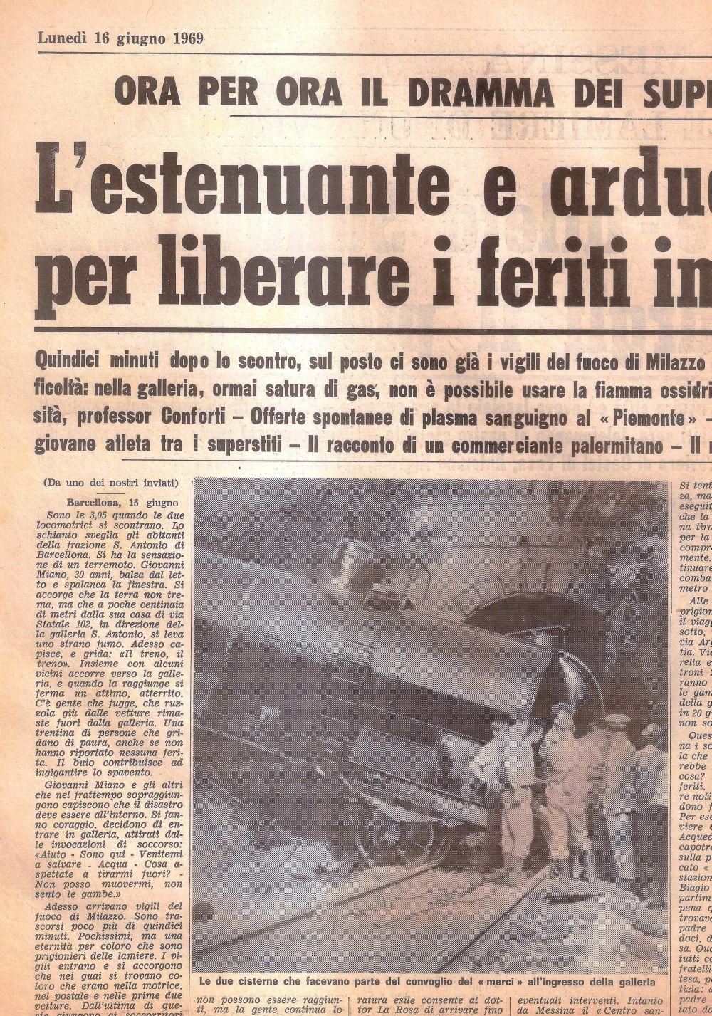Incidente galleria ferroviaria Gazzetta del Sud 16 giugno 1969