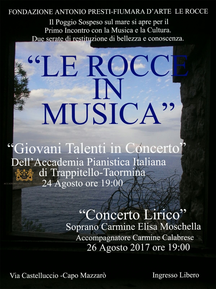 Oggi 26 agosto ore 19 ingresso libero.Il soprano messinese Carmine Elisa Moschella  a Taormina in concerto presso Le Rocce di Antonio Presti