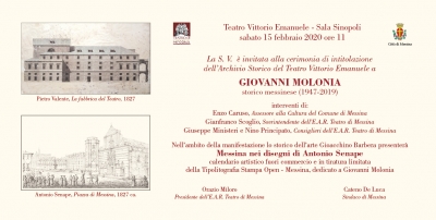 SABATO 15 FEBBRAIO CERIMONIA DI INTITOLAZIONE DELL’ARCHIVIO STORICO DEL TEATRO VITTORIO EMANUELE A GIOVANNI MOLONIA