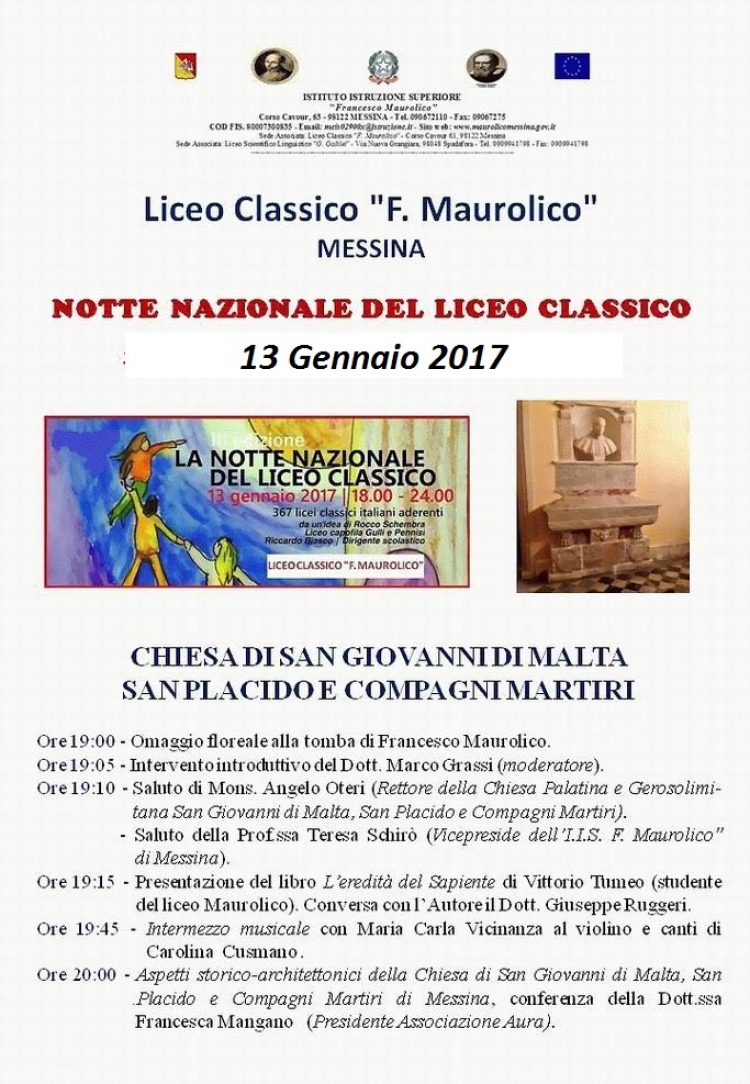 Messina - ASSOCIAZIONE AURA “Notte Nazionale del Liceo Classico” a San Giovanni di Malta Venerdì 13 Gennaio dalle 18.00 alle 22.00