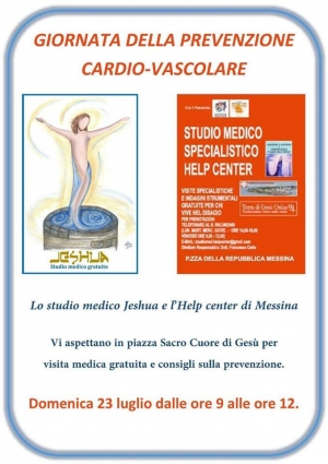 Messina - Per tutta la mattinata di domenica 23 luglio  nella Piazza Sacro Cuore di Gesù la Giornata di prevenzione cardiovascolare organizzata dallo Studio Medico Jeshua