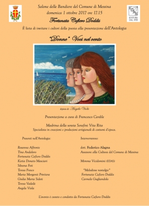 Domenica 1 ottobre alle ore 17.15 , Salone delle Bandiere del Comune di Messina presentazione dell&#039;antologia &quot;Donne&quot; Voci nel vento.