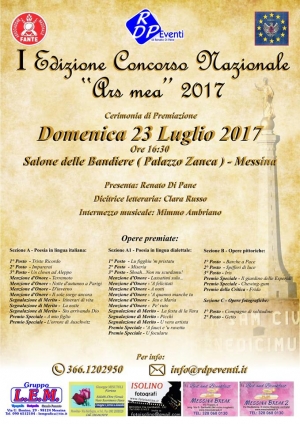 DOMENICA 23 LUGLIO AVRA’ LUOGO ALLE ORE 17.00 A PALAZZO ZANCA IL   1^ CONCORSO NAZIONALE “ARS MEA“. NELL’OCCASIONE    “PRESTIGIOSE PERSONALITA”  RICEVERANNO  IL “PREMIO INTERNAZIONALE W. SHAKESPEARE “