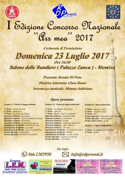 DOMENICA 23 LUGLIO AVRA’ LUOGO ALLE ORE 17.00 A PALAZZO ZANCA IL   1^ CONCORSO NAZIONALE “ARS MEA“. NELL’OCCASIONE    “PRESTIGIOSE PERSONALITA”  RICEVERANNO  IL “PREMIO INTERNAZIONALE W. SHAKESPEARE “